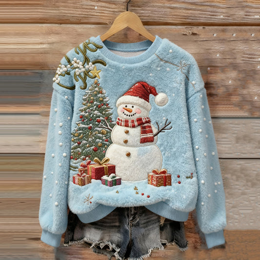 Comstylish Women's Christmas Snowman Embroidery Art Comfort Plush Sweatshirt