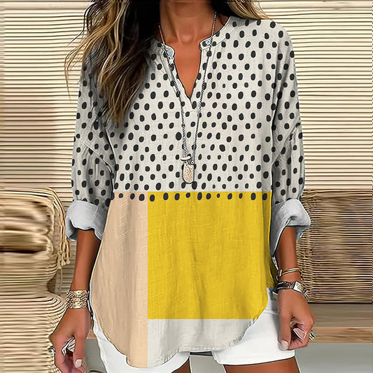 Comstylish Women's Vintage Geometric Art Linen V Neck Shirt