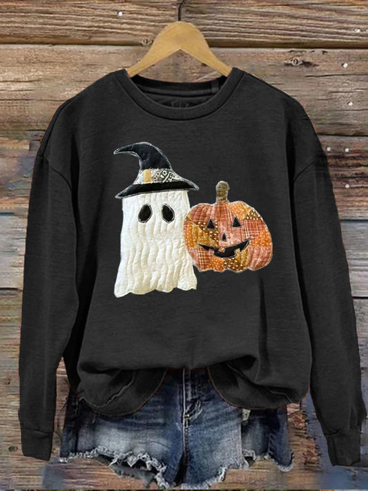 Pumpkin Ghost Companion Embroidered Patch Round Neck Long-sleeve Sweatshirt artswardrobe