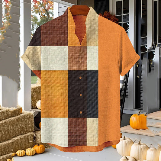 Men's Plaid Colorblock Print Short Sleeve Shirt artswardrobe