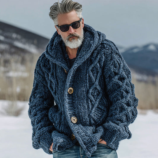Men's Casual Fairman Island Chunky Knit Buttons Hooded Sweater Cardigan artswardrobe