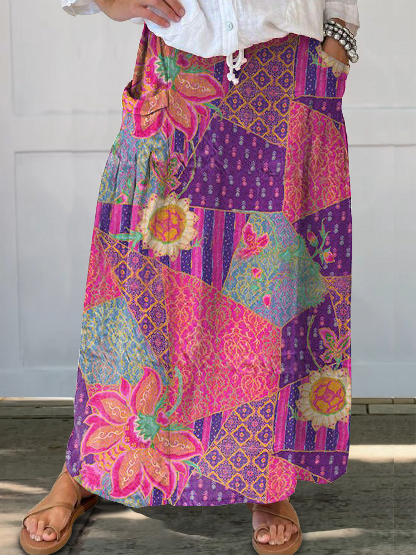 Women's Bohemian Floral Collage Art Print Linen Pocket Skirt