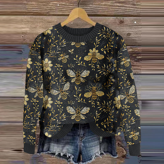 Comstylish Vintage Bees And Flowers Botanical Art Cozy Knit Sweater