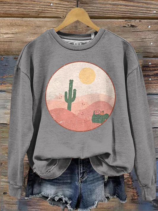 Women's Cute Cat Cactus Print Sweatshirt elevenforest