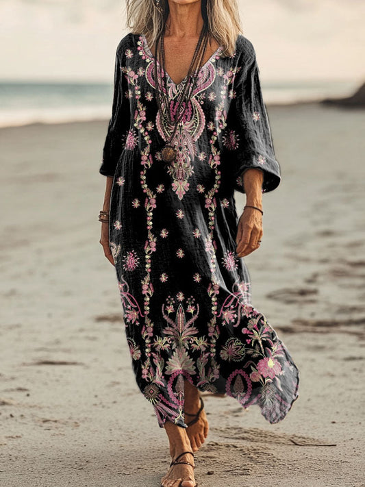 Women's Floral Art Print Pocket Cotton Dresses