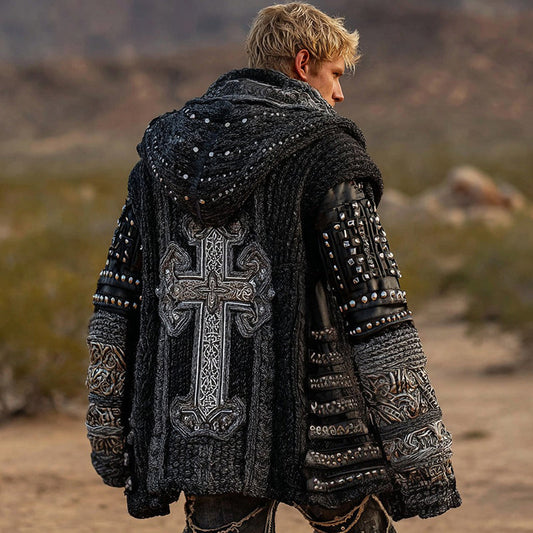 Men's Dark Style Cross Inspired Knitted Cozy Zipper Up Hooded Cardigan elevenforest