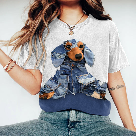 Comstylish Women's Cute Dachshund Denim Patchwork Print Casual T-shirt