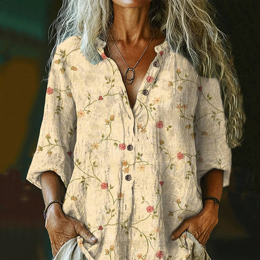 Comstylish Women's Vintage Floral Art Print Casual Cotton And Linen Shirt