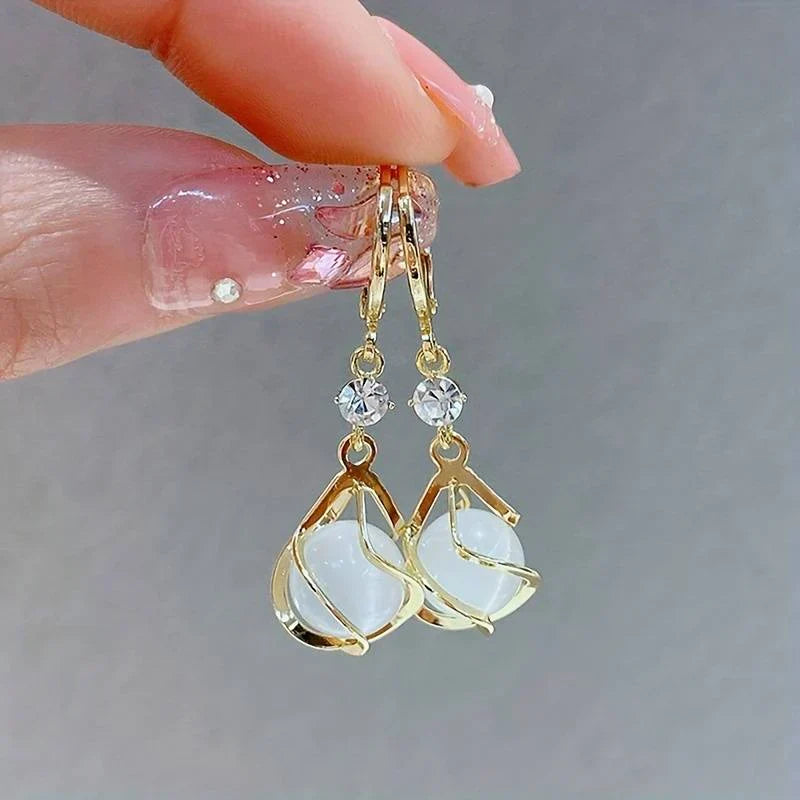 White Opal Gold Dangle Earrings