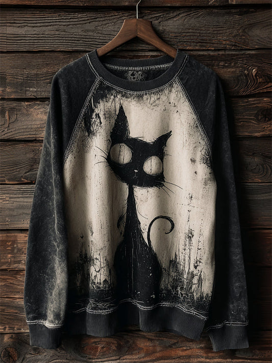 Comstylish Halloween Gothic Black Cat Art Washed Raglan Sweatshirt