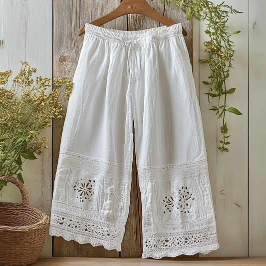 Fashion Hollow Lace Embroidery Linen Casual Pants artswardrobe