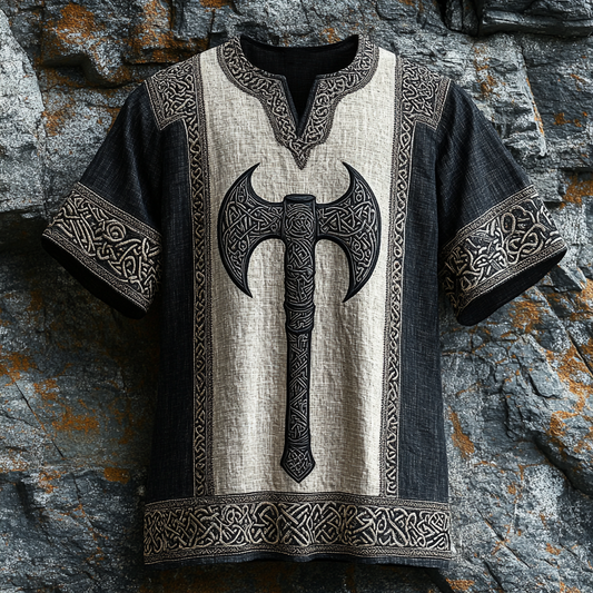 Men's Viking Runes Axe Celtic Knot Art Linen Shirt artswardrobe