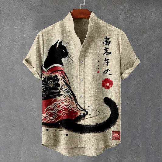Vintage Kimono Cat Japanese Art Cozy Linen Shirt elevenforest