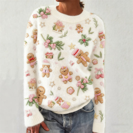 Comstylish Christmas Pink Gingerbread & Berry Embroidered Cozy Knit Sweater