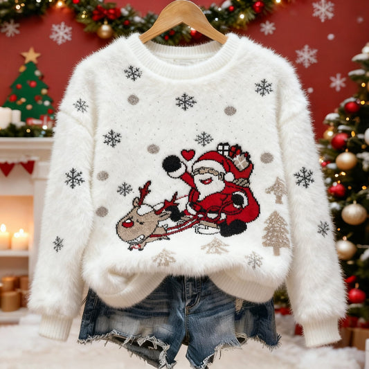 Comstylish Cute Santa Claus Pattern Warm Crew Neck Sweater