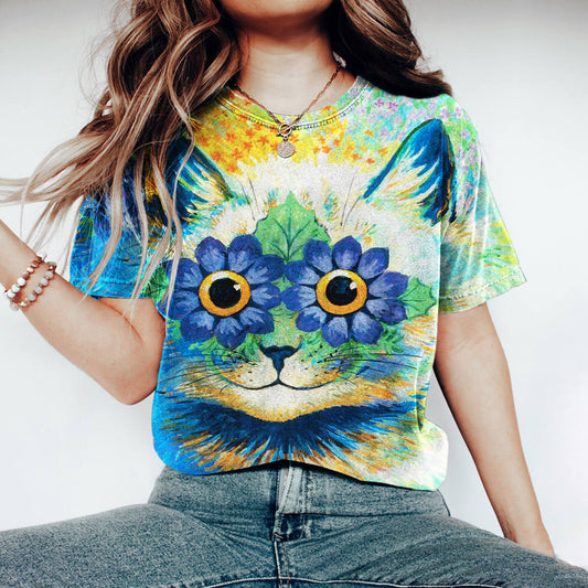 Vintage Painted Sunflower & Cat Printed Women's Washed T-shirt artswardrobe
