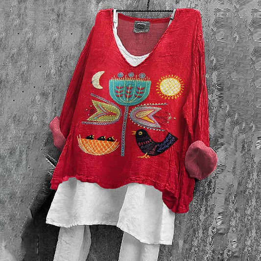 Vintage Bird & Flower Embroidery Art Women's Linen Blend Shirt artswardrobe