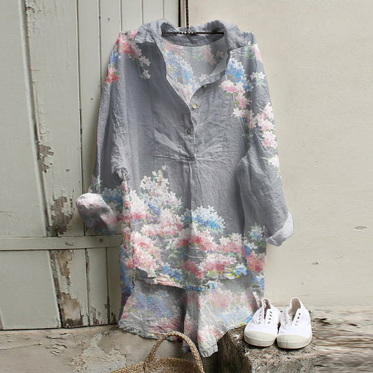 Comstylish Japanese Art Flower Print Long Sleeve Casual Shirt