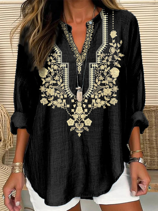 Comstylish Classic Ethnic Floral  Pattern Women's V-Neck Shirt