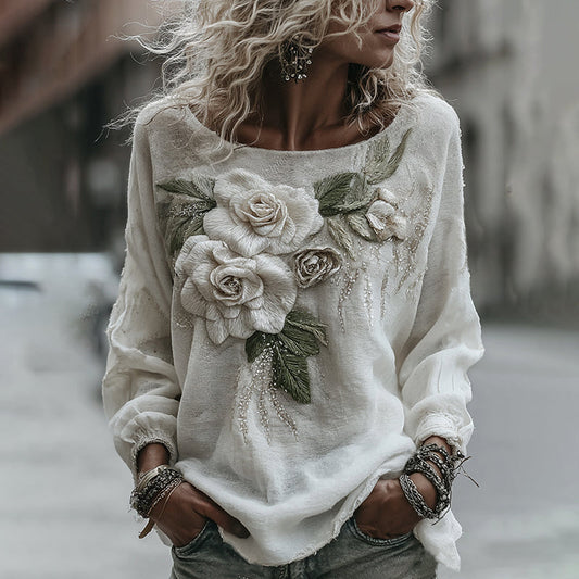 Women's Classic Romantic White Rose Embroidery Art Comfy Linen Long Sleeve Shirts artswardrobe