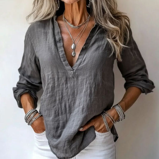Vintage V Neck Cotton Linen Comfy Shirt artswardrobe