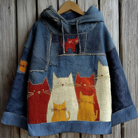 Comstylish Vintage Patchwork Lovely Cute Colorful Cat Inspired Washed Hoodie