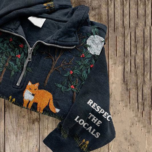 Vintage Respect The Locals Forest Wild Fox Embroidery Zipper Sweatshirt artswardrobe