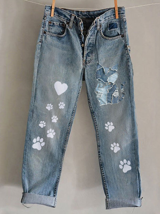 Funny Animal Embroidered Print Jeans elevenforest