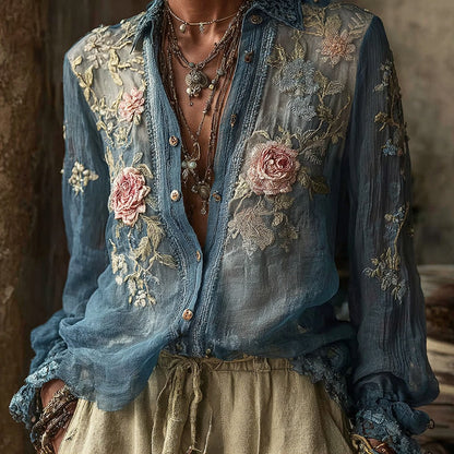 Women's Vintage Bohemian Floral Pattern Linen Long Sleeve Shirt artswardrobe