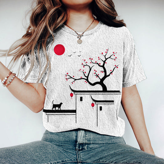 Japanese Cat Sakura Print Vintage Women's T-shirt elevenforest