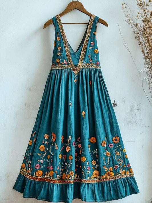 Vintage Boho Floral Embroidered V Neck Linen Tank Dress artswardrobe