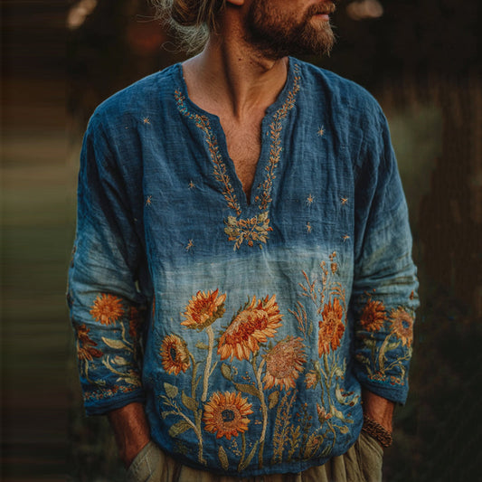 Men's Oil Painting Sunflower And Starry Night Embroidery Linen Shirt artswardrobe