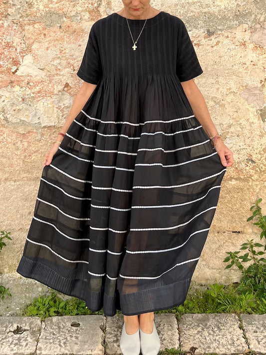 Striped Pleated Design Linen Blend Dress artswardrobe