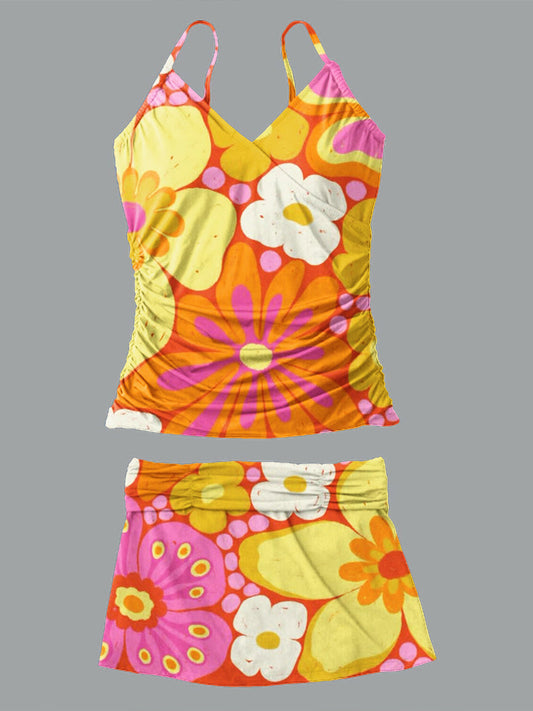 V-Neck Vintage Flowers Print Suspender Skirt Tankini Pantskirt Set Swimsuit