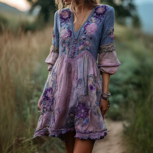 Women's Vintage Purple Floral Art Pattern V-neck Dress artswardrobe