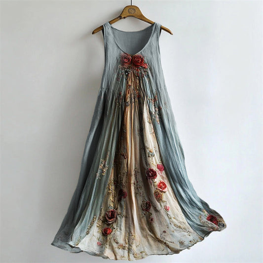 Vintage Roses Floral Flowy Linen Maxi Tank Dress artswardrobe