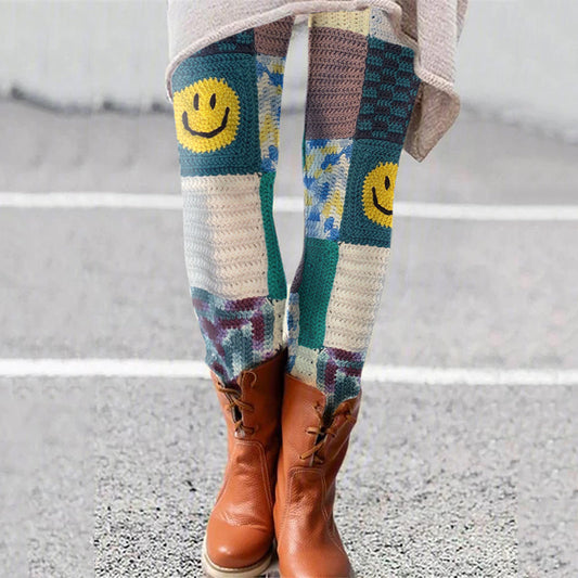 Vintage Smiley Face Knit Patchwork Comfy Leggings artswardrobe