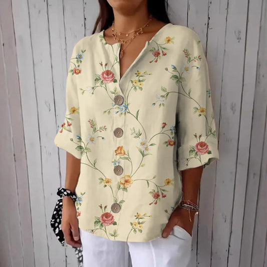 Comstylish Women's Vintage Floral Art Linen Blend Casual Shirt