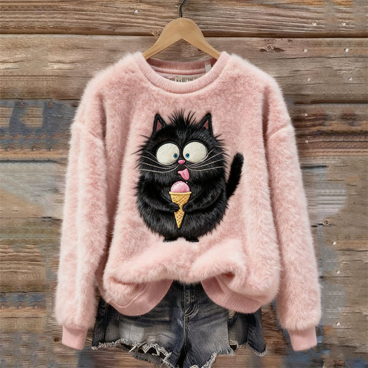 Funny Fuzzy Black Cat Embroidered Cozy Plush Sweatshirt elevenforest