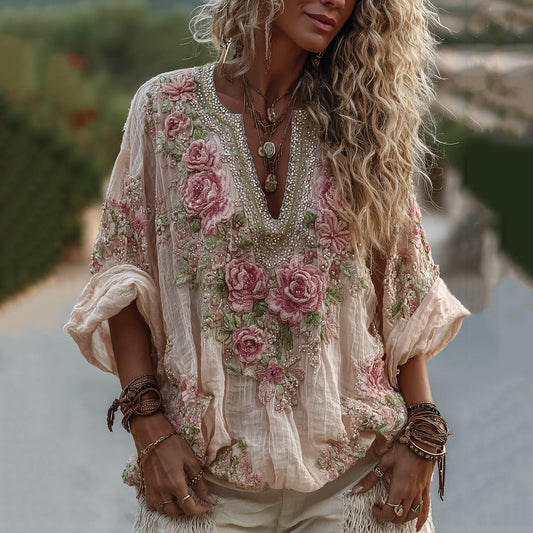 Women's Vintage Rose Embroidery Art Comfy Linen Shirts artswardrobe