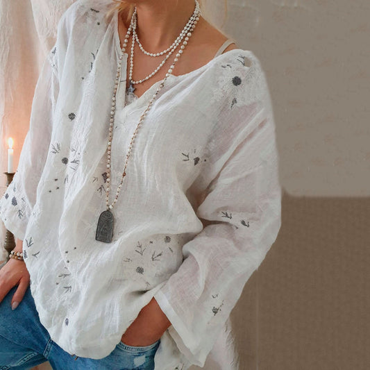 Comstylish Women's Vintage Flower Embroidery Art Cotton And Linen V-neck Blouse