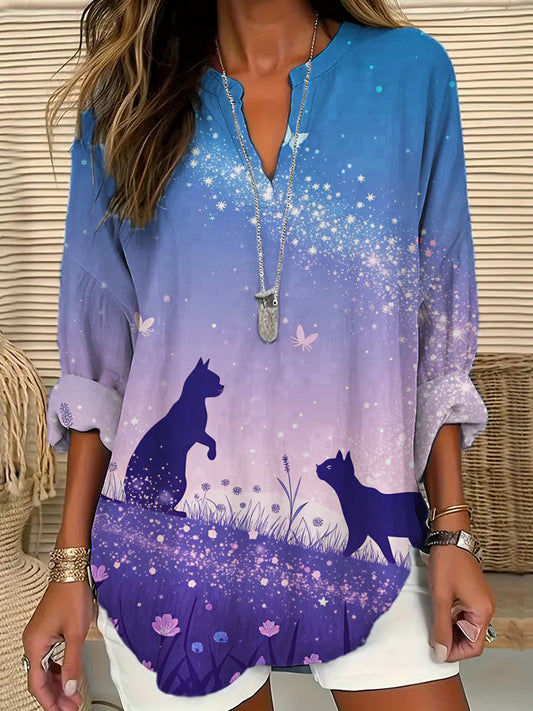 Comstylish Butterfly & Cat Star Element Printed Women's V-neck Long Sleeve Shirt