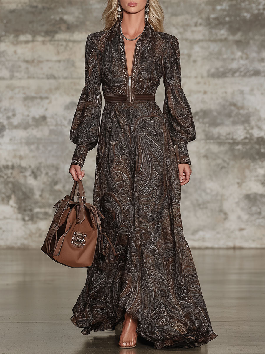 Fashion Retro Paisley Pattern Zipper Maxi Dress