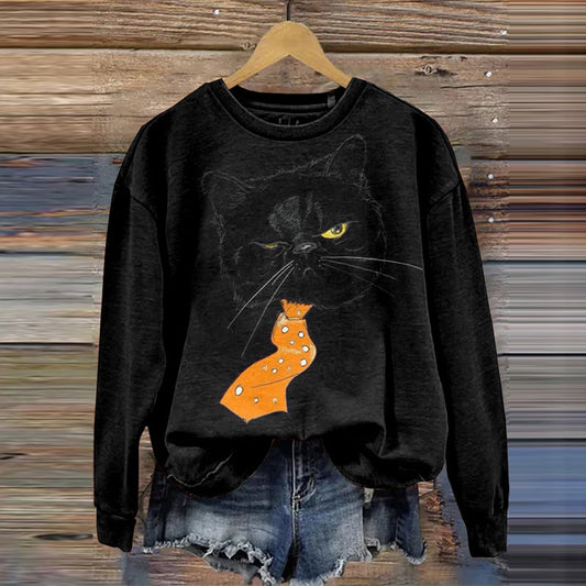 Abstract Creative Black Cat Print Crew Neck Casual Sweatshirt elevenforest