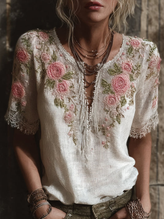 Comstylish Ladies' Rose Embroidery V-neck Casual Short-sleeved Shirt