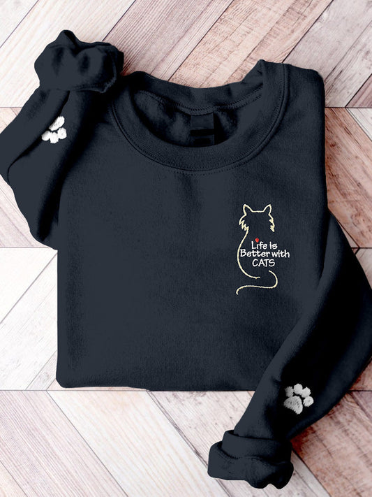 Life Is Better With Cats Embroidered Comfy Sweatshirt elevenforest