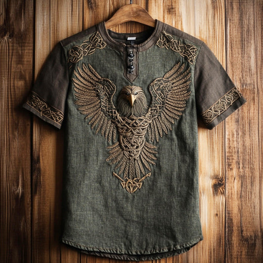 Men's Viking Celtic Eagle Embroidery Art Linen T Shirt artswardrobe