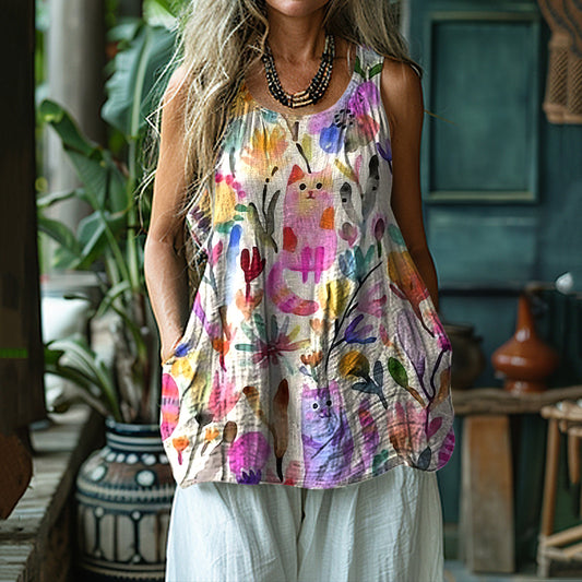 Women's Colorful Floral And Cat Art Vest artswardrobe