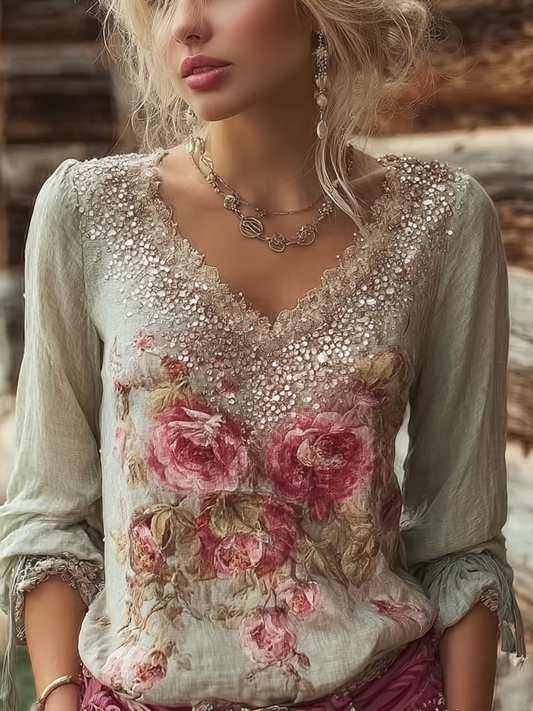 Bohemian Retro Plant And Flower Pattern Casual Cotton And Linen Long-sleeve Top elevenforest