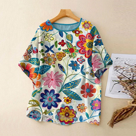 Women's Vintage Flower Art Print Lines T-shirt artswardrobe